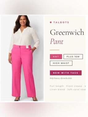 Talbots Greenwich Pant Plus 16W High Waist Wide Leg Full Length NWT Pink